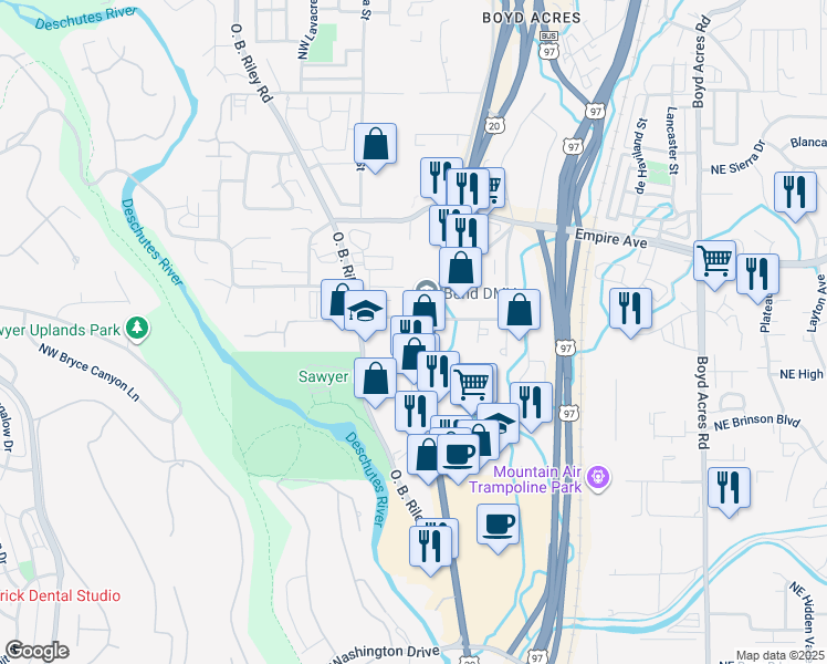 map of restaurants, bars, coffee shops, grocery stores, and more near 63011 North Highway 97 in Bend