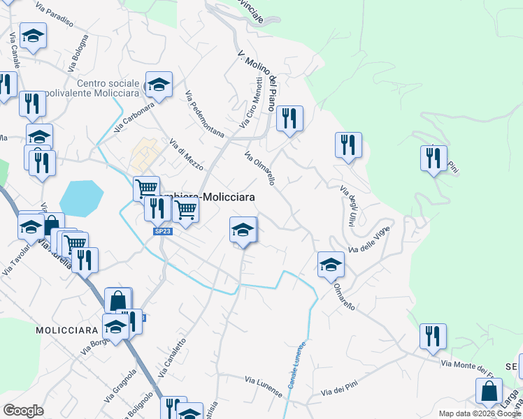 map of restaurants, bars, coffee shops, grocery stores, and more near 2 Via Tagliata in Colombiera-Molicciara