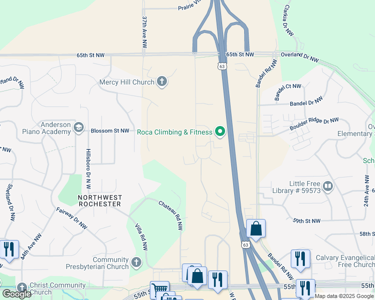 map of restaurants, bars, coffee shops, grocery stores, and more near 6145 Rome Circle Northwest in Rochester
