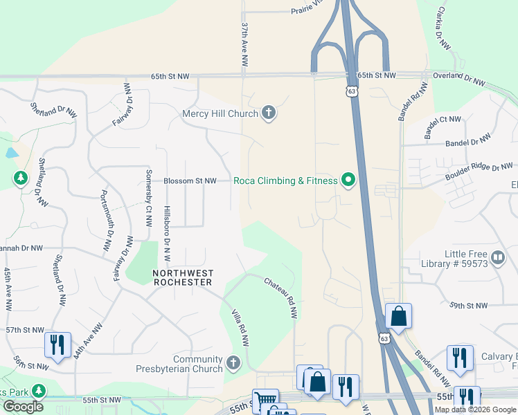 map of restaurants, bars, coffee shops, grocery stores, and more near 6126 Jonathan Lane Northwest in Rochester