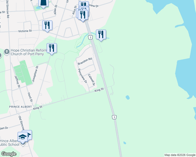 map of restaurants, bars, coffee shops, grocery stores, and more near 1763 King Street in Regional Municipality of Durham