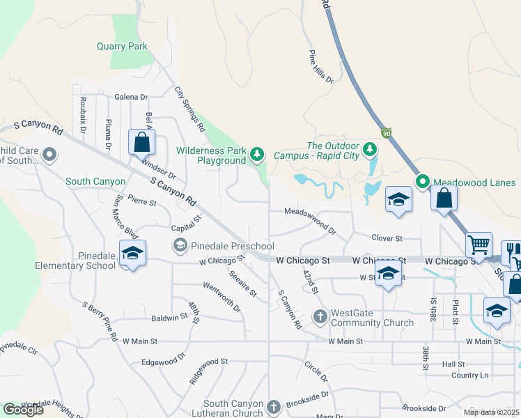 map of restaurants, bars, coffee shops, grocery stores, and more near 4405 Candlewood Place in Rapid City