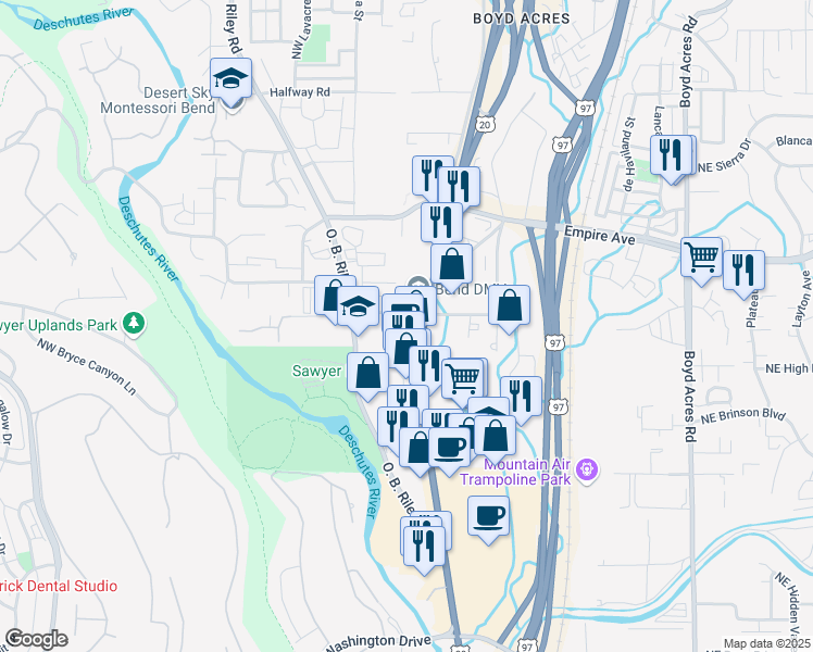 map of restaurants, bars, coffee shops, grocery stores, and more near 63011 North Highway 97 in Bend