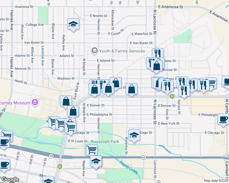 map of restaurants, bars, coffee shops, grocery stores, and more near 614 Milwaukee Street in Rapid City