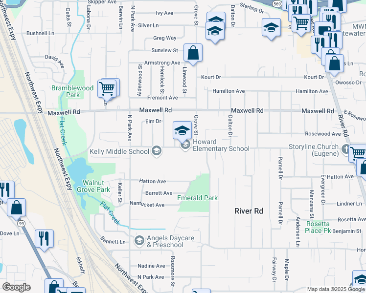 map of restaurants, bars, coffee shops, grocery stores, and more near 700 Howard Avenue in Eugene