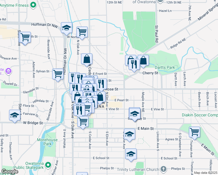 map of restaurants, bars, coffee shops, grocery stores, and more near 403 North Elm Avenue in Owatonna