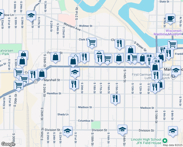 map of restaurants, bars, coffee shops, grocery stores, and more near 1021 South 19th Street in Manitowoc