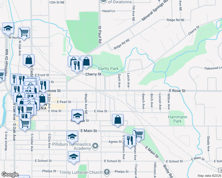map of restaurants, bars, coffee shops, grocery stores, and more near 548 East Rose Street in Owatonna