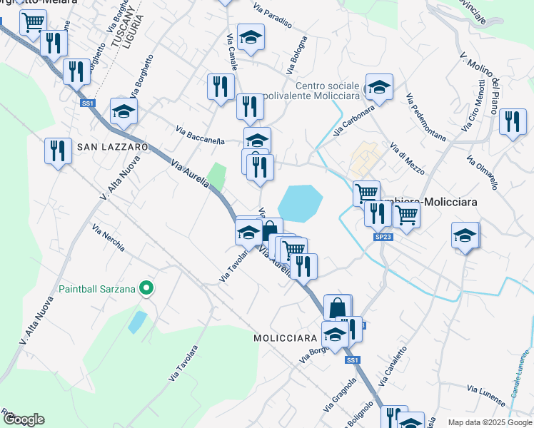 map of restaurants, bars, coffee shops, grocery stores, and more near 23 Via Canale in Colombiera-Molicciara