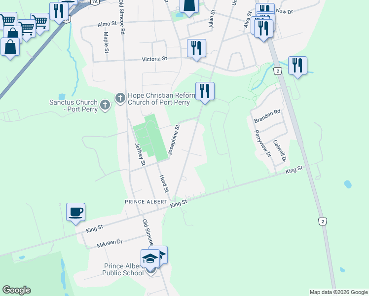 map of restaurants, bars, coffee shops, grocery stores, and more near 258 Union Avenue in Scugog