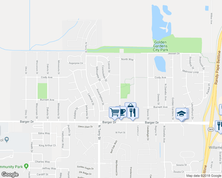 map of restaurants, bars, coffee shops, grocery stores, and more near 2101 Cosmoledo Street in Eugene