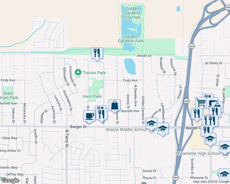 map of restaurants, bars, coffee shops, grocery stores, and more near 2160 Devos St in Eugene