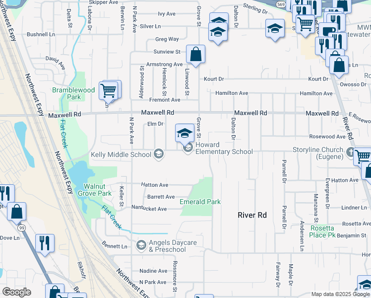 map of restaurants, bars, coffee shops, grocery stores, and more near 1510 Linwood Street in Eugene