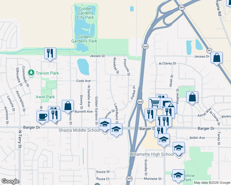 map of restaurants, bars, coffee shops, grocery stores, and more near 2292 Laurelhurst Drive in Eugene