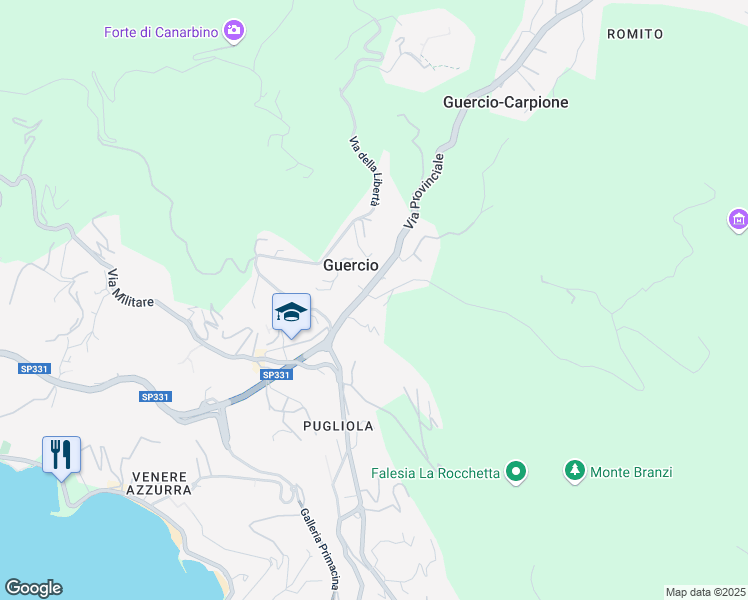 map of restaurants, bars, coffee shops, grocery stores, and more near 381 Via Provinciale in Lerici