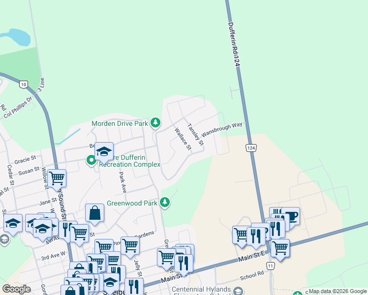 map of restaurants, bars, coffee shops, grocery stores, and more near 217 Morden Drive in Shelburne