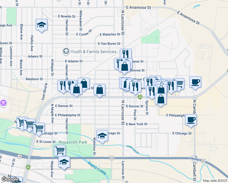 map of restaurants, bars, coffee shops, grocery stores, and more near 507 East Watertown Street in Rapid City