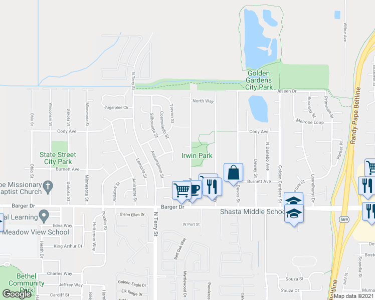 map of restaurants, bars, coffee shops, grocery stores, and more near 2280 West Irwin Way in Eugene