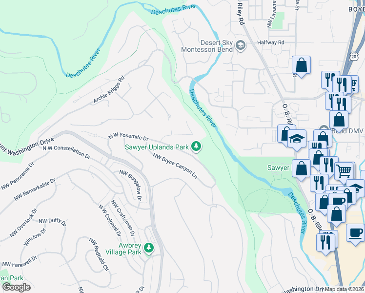 map of restaurants, bars, coffee shops, grocery stores, and more near 764 North West Yosemite Drive in Bend