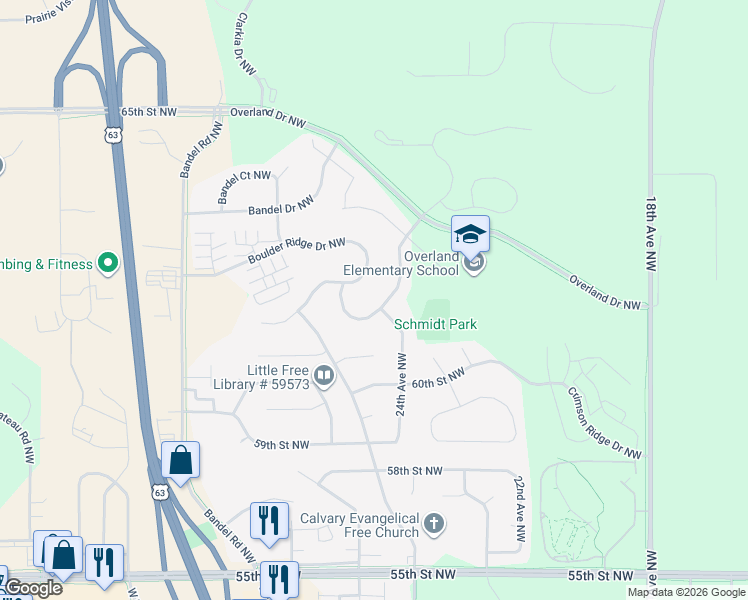 map of restaurants, bars, coffee shops, grocery stores, and more near 6075 Granite Drive Northwest in Rochester
