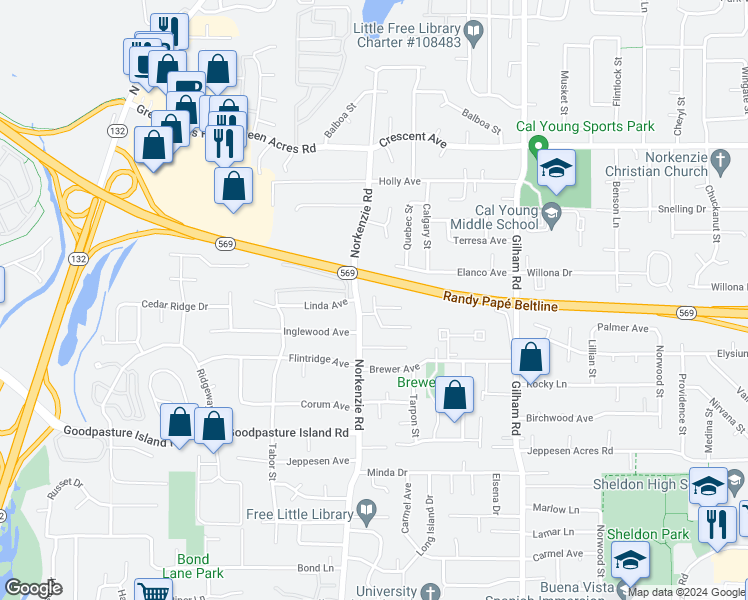 map of restaurants, bars, coffee shops, grocery stores, and more near 2253 Donovan Drive in Eugene