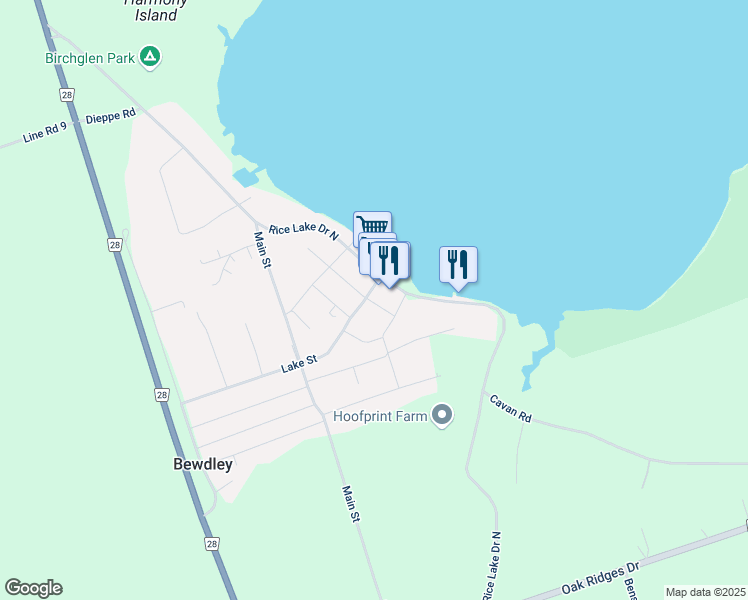 map of restaurants, bars, coffee shops, grocery stores, and more near 5073 Oak Street in Bewdley