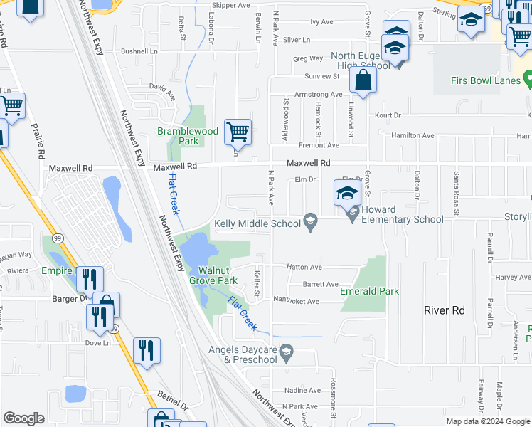 map of restaurants, bars, coffee shops, grocery stores, and more near 905 Howard Avenue in Eugene