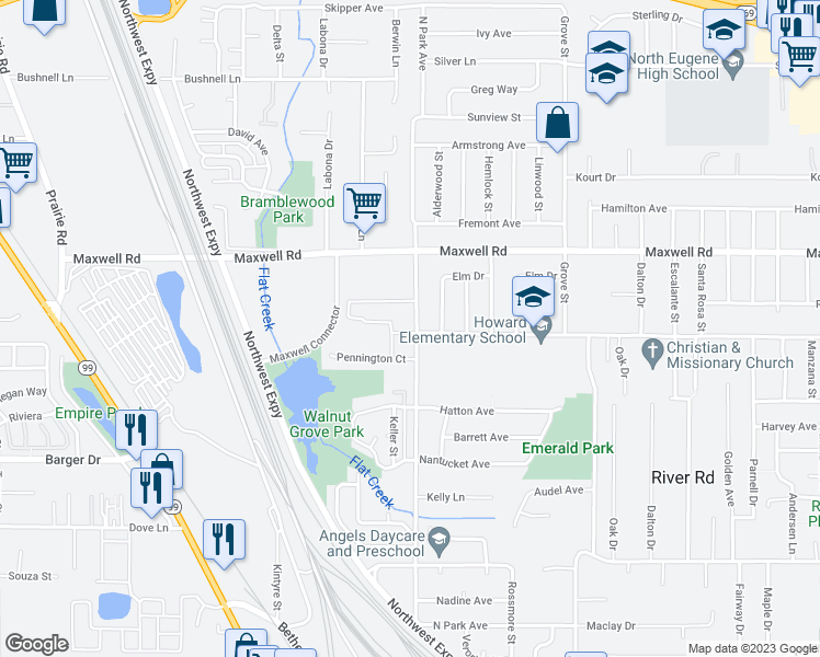 map of restaurants, bars, coffee shops, grocery stores, and more near 903 Howard Avenue in Eugene