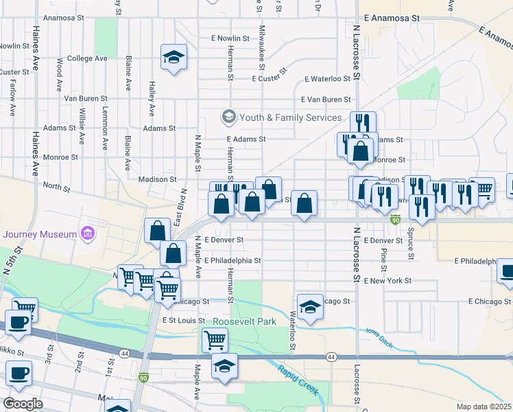 map of restaurants, bars, coffee shops, grocery stores, and more near 225 East Watertown Street in Rapid City