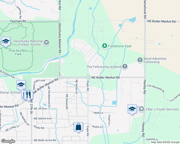 map of restaurants, bars, coffee shops, grocery stores, and more near 21394 Northeast Nolan Court in Bend