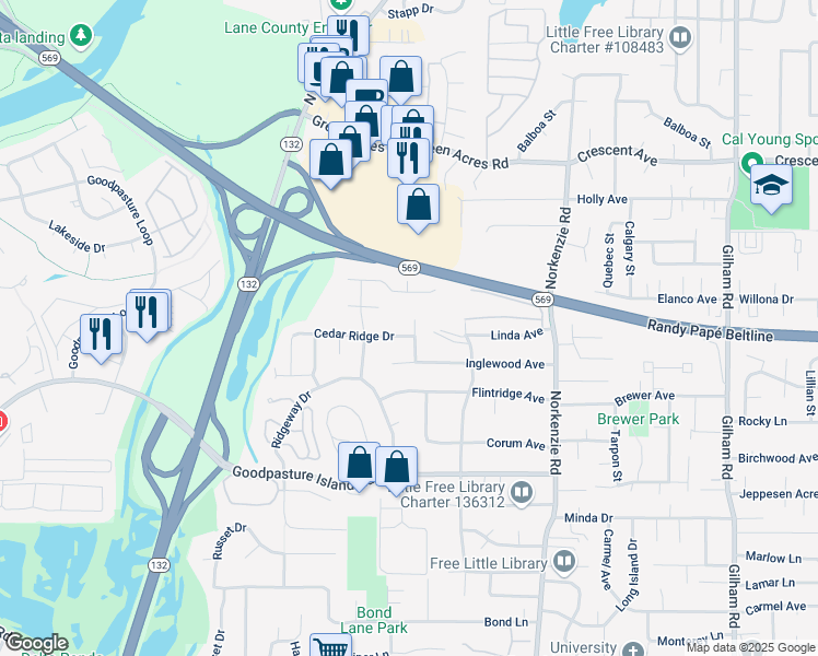 map of restaurants, bars, coffee shops, grocery stores, and more near 1235 Cedar Ridge Drive in Eugene
