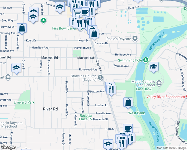 map of restaurants, bars, coffee shops, grocery stores, and more near 24 Howard Avenue in Eugene