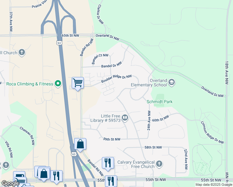 map of restaurants, bars, coffee shops, grocery stores, and more near 2455 Boulder Ridge Drive Northwest in Rochester
