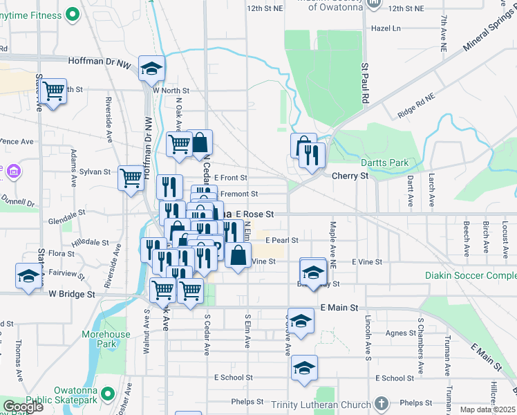 map of restaurants, bars, coffee shops, grocery stores, and more near 403 North Elm Avenue in Owatonna