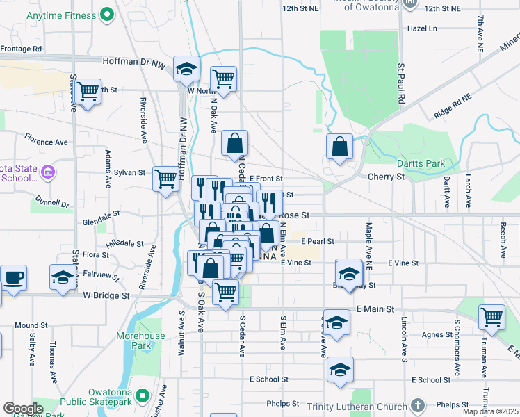 map of restaurants, bars, coffee shops, grocery stores, and more near 120 East Rose Street in Owatonna