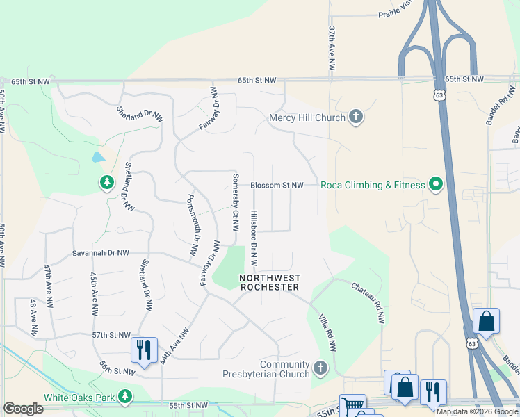 map of restaurants, bars, coffee shops, grocery stores, and more near 6128 Hillsboro Drive North West in Rochester