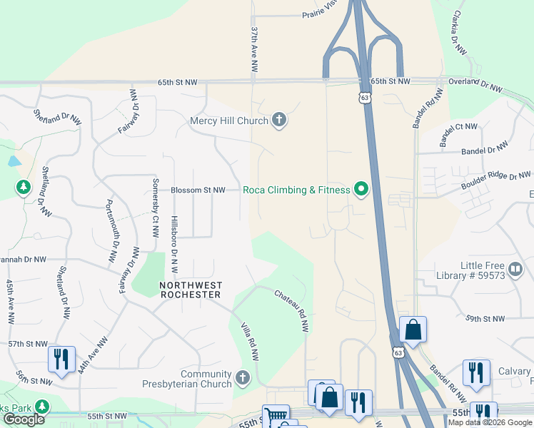 map of restaurants, bars, coffee shops, grocery stores, and more near 6126 Jonathan Lane Northwest in Rochester