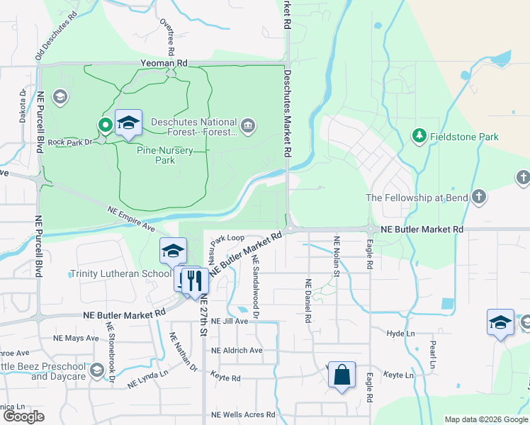 map of restaurants, bars, coffee shops, grocery stores, and more near 63012 Northeast Amherst Place in Bend
