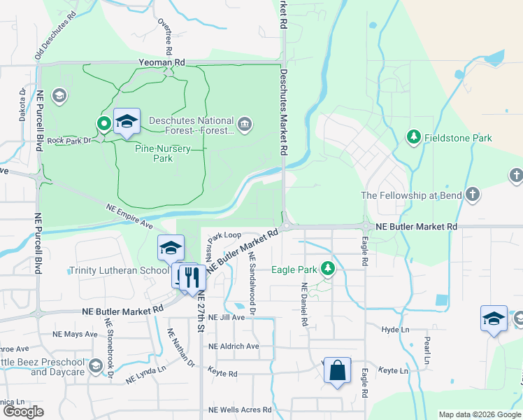 map of restaurants, bars, coffee shops, grocery stores, and more near 63020 Northeast Amherst Place in Bend