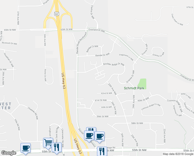 map of restaurants, bars, coffee shops, grocery stores, and more near 2912 Quartz Place Northwest in Rochester