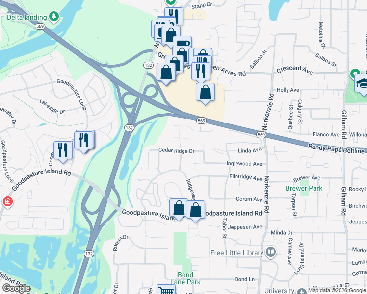 map of restaurants, bars, coffee shops, grocery stores, and more near 2205 Ironwood Street in Eugene