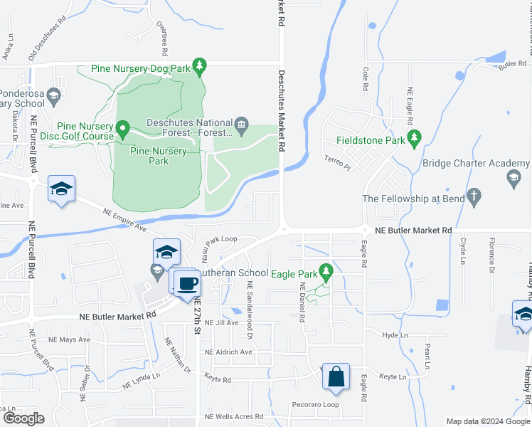 map of restaurants, bars, coffee shops, grocery stores, and more near 63019 Woodbridge Place in Bend