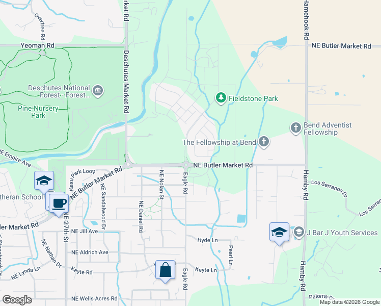 map of restaurants, bars, coffee shops, grocery stores, and more near 21394 Northeast Nolan Court in Bend