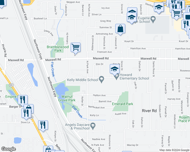 map of restaurants, bars, coffee shops, grocery stores, and more near 867 Howard Avenue in Eugene