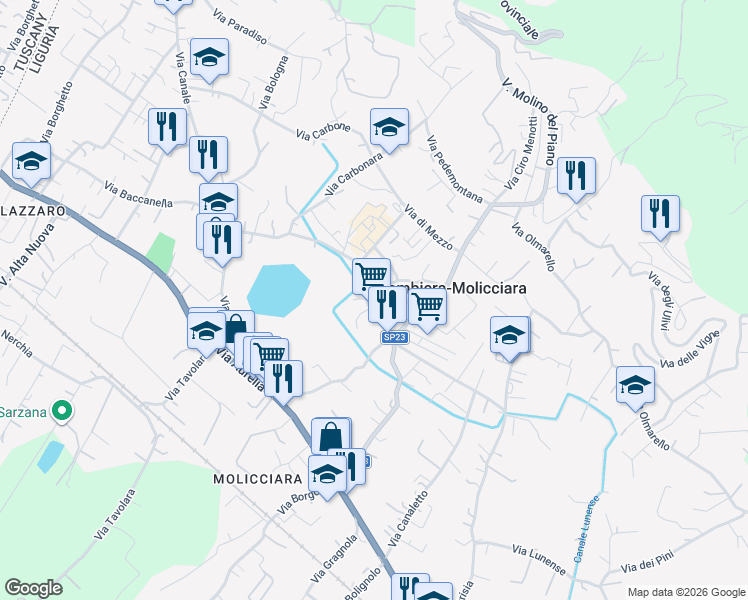 map of restaurants, bars, coffee shops, grocery stores, and more near 27 Via della Pace in Colombiera-molicciara