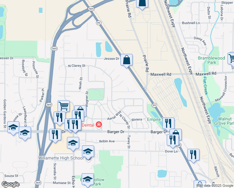 map of restaurants, bars, coffee shops, grocery stores, and more near 3871 North Clarey Street in Eugene