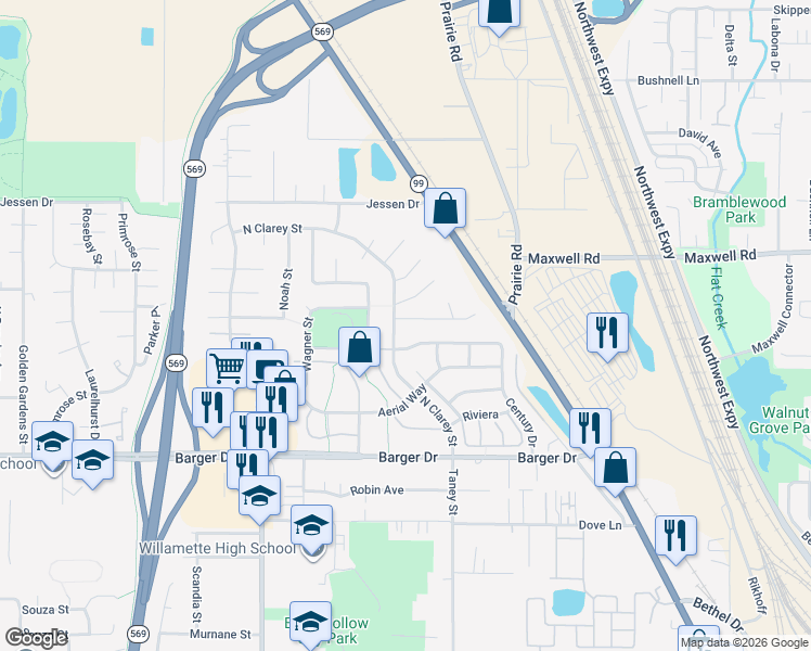 map of restaurants, bars, coffee shops, grocery stores, and more near 3869 North Clarey Street in Eugene