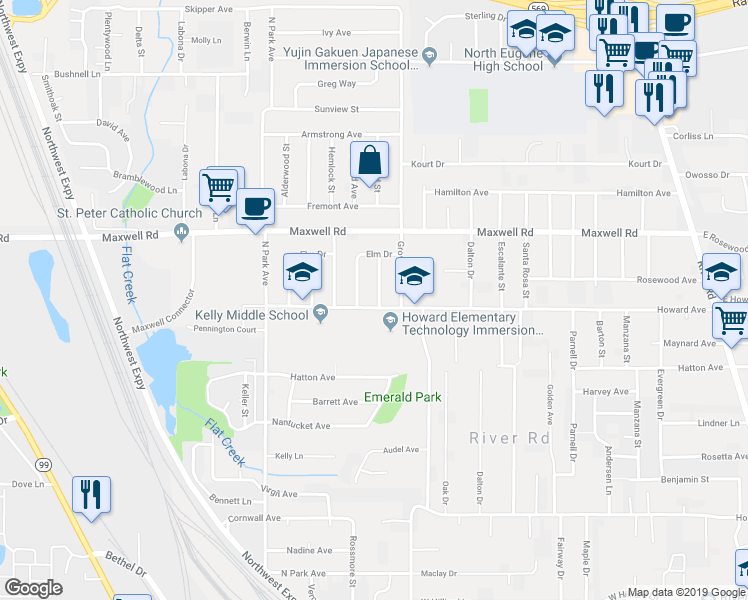 map of restaurants, bars, coffee shops, grocery stores, and more near 1510 Linwood Street in Eugene