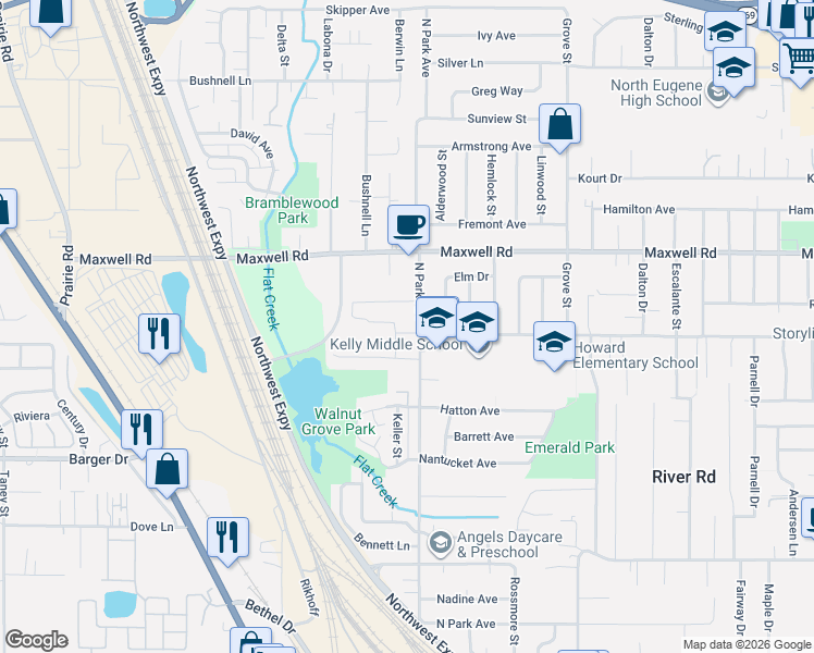 map of restaurants, bars, coffee shops, grocery stores, and more near 907 Howard Avenue in Eugene