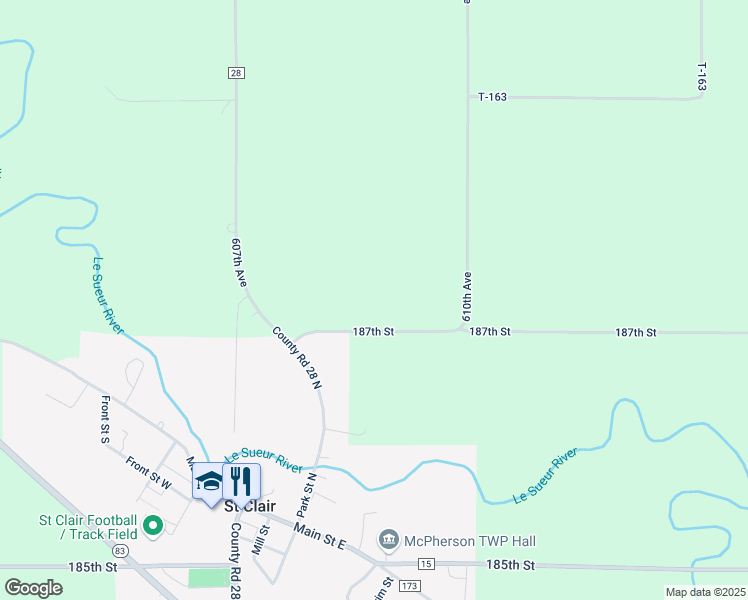 map of restaurants, bars, coffee shops, grocery stores, and more near 60884 187th Street in Janesville